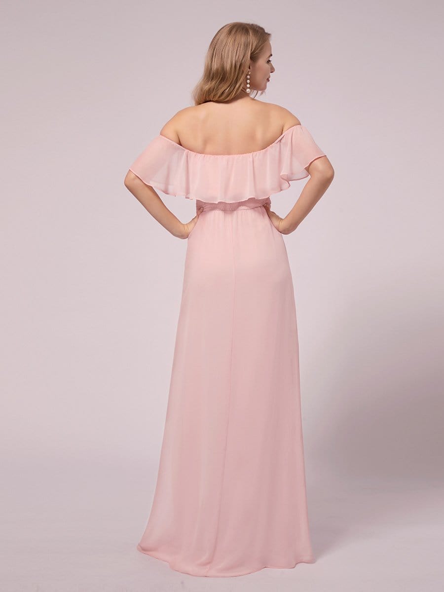 Color=Pink | Women's Off Shoulder Ruffle Thigh Split Maternity Dresses-Pink 2