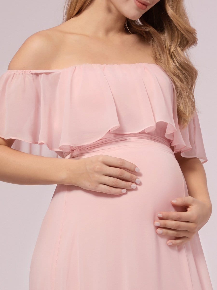 Color=Pink | Women's Off Shoulder Ruffle Thigh Split Maternity Dresses-Pink 4