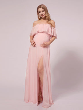 Color=Pink | Women's Off Shoulder Ruffle Thigh Split Maternity Dresses-Pink 1