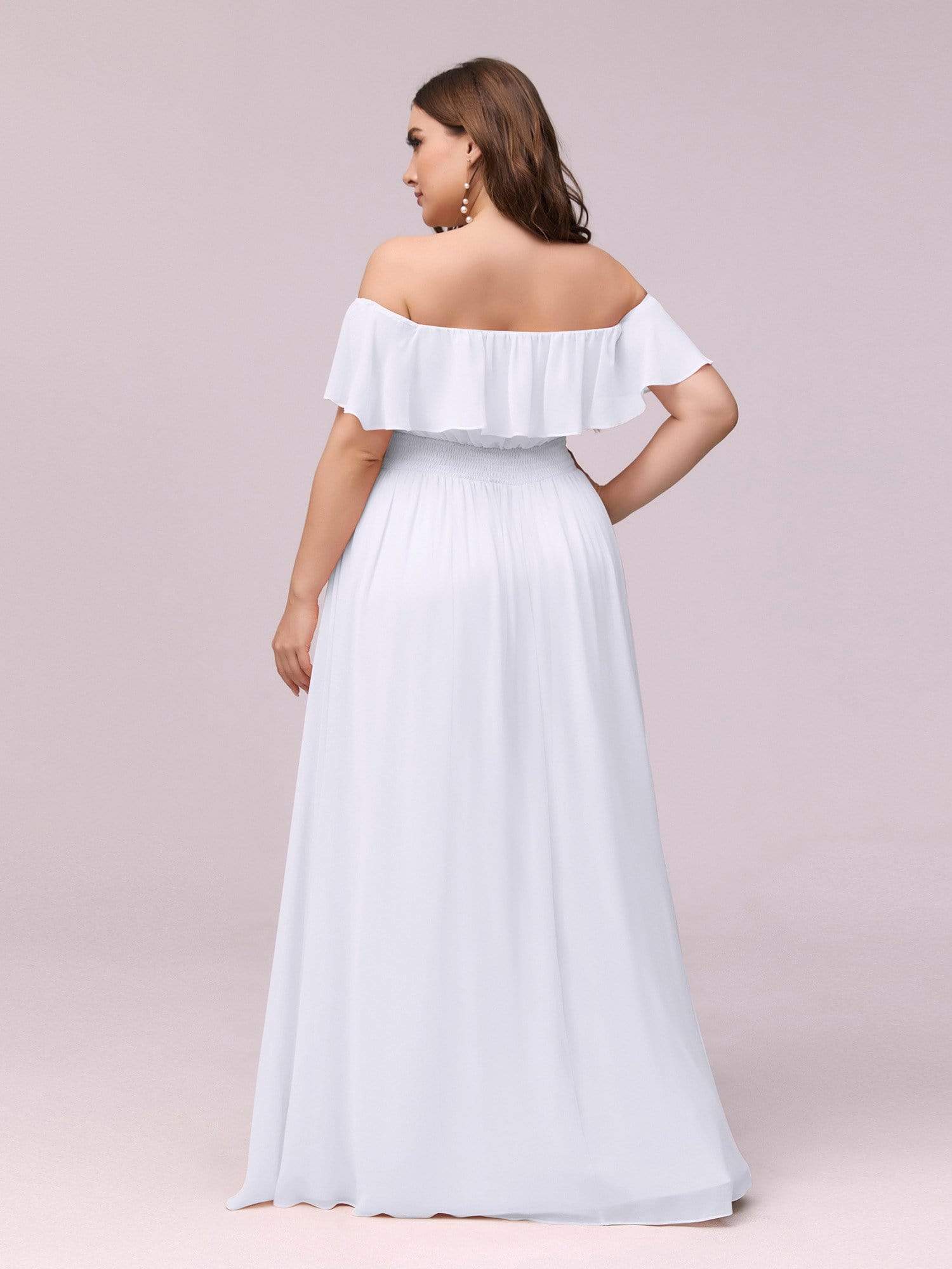 Color=White | Plus Size Women'S A-Line Off Shoulder Ruffle Thigh Split Bridesmaid Dress-White 2