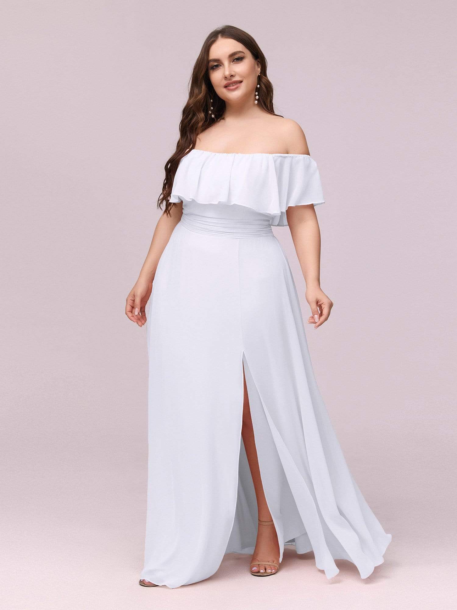 Color=White | Plus Size Women'S A-Line Off Shoulder Ruffle Thigh Split Bridesmaid Dress-White 3