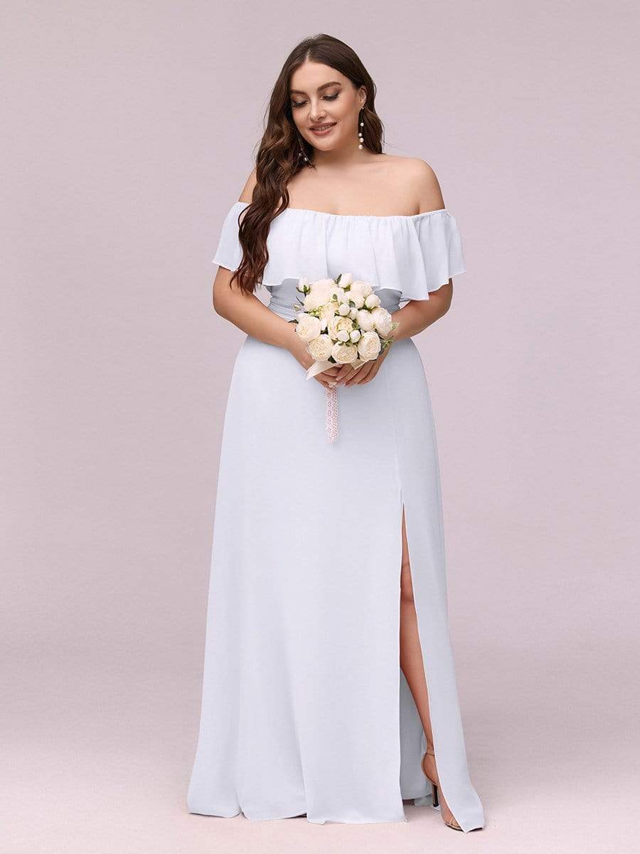 Color=White | Plus Size Women'S A-Line Off Shoulder Ruffle Thigh Split Bridesmaid Dress-White 1