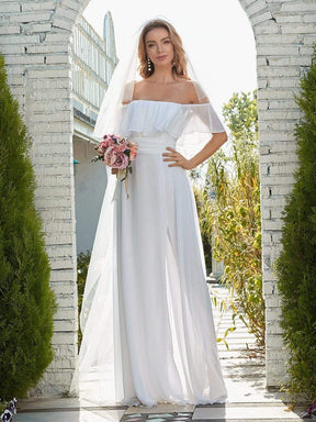 Color=White | Plain Off Shoulder Chiffon Wedding Dress With Side Split-White 3