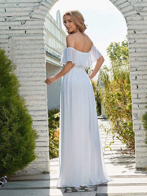 Color=White | Plain Off Shoulder Chiffon Wedding Dress With Side Split-White 5