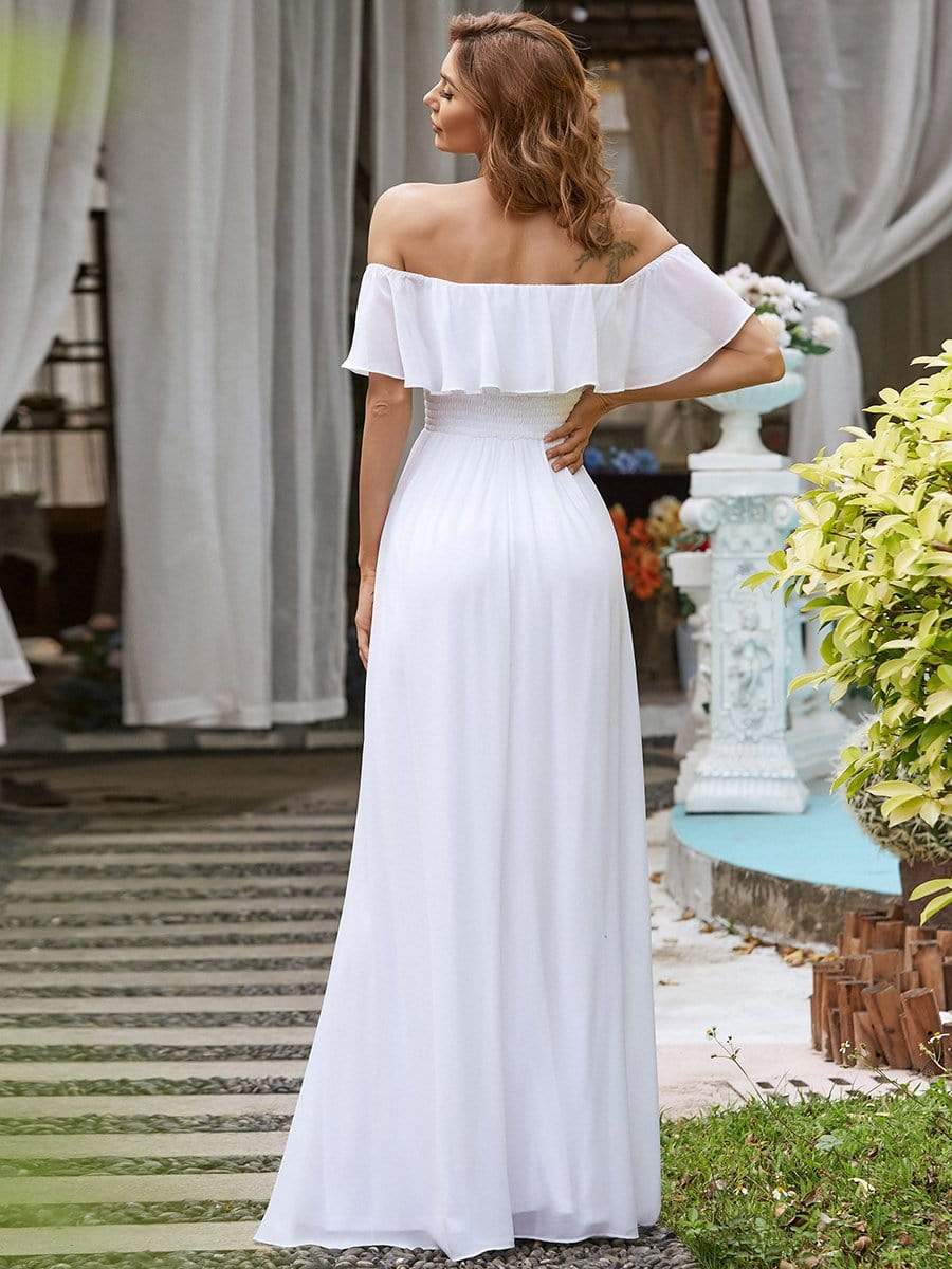 Color=White | Plain Off Shoulder Chiffon Wedding Dress With Side Split-White 2