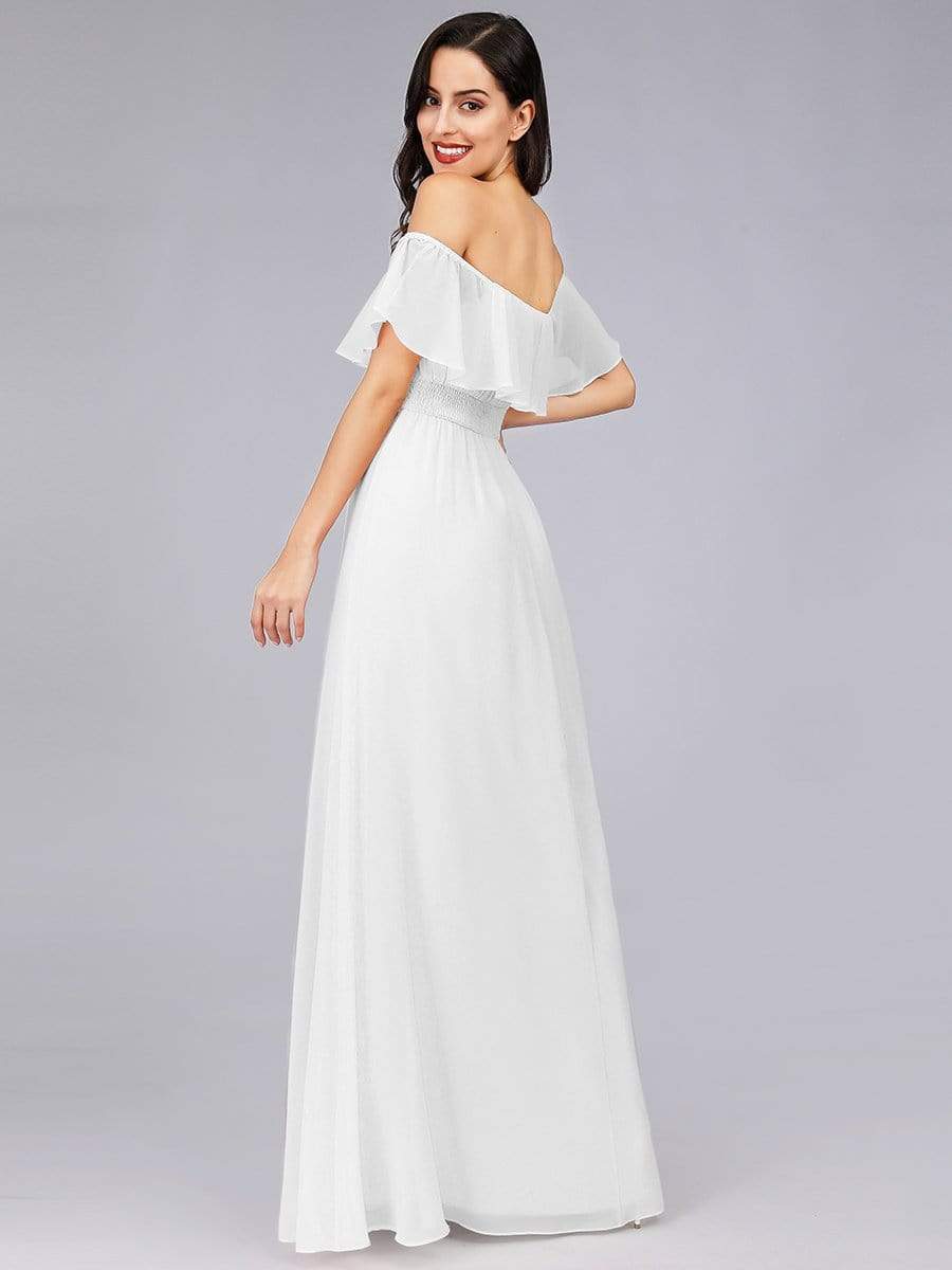 Color=White | Women'S A-Line Off Shoulder Ruffle Thigh Split Bridesmaid Dress-White 4
