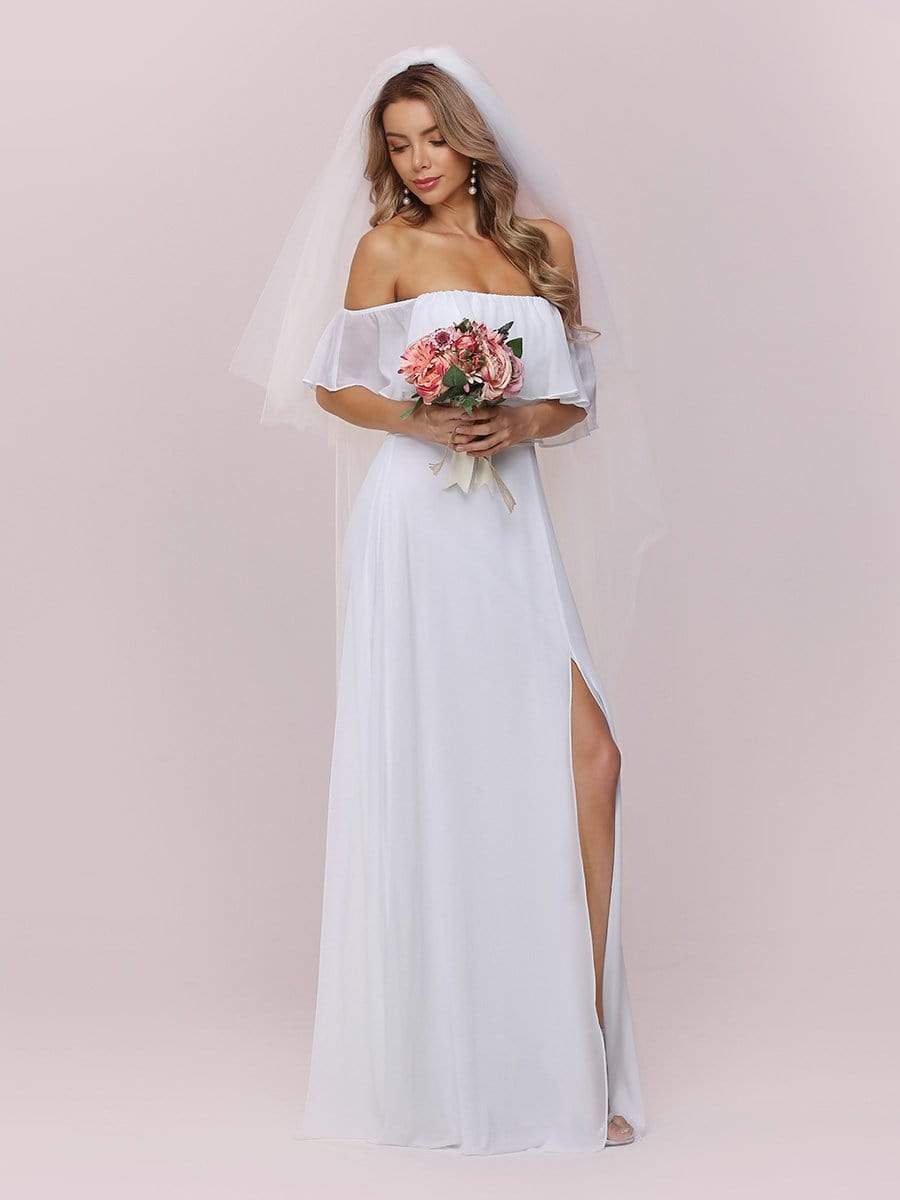 Color=White | Plain Off Shoulder Chiffon Wedding Dress With Side Split-White 10