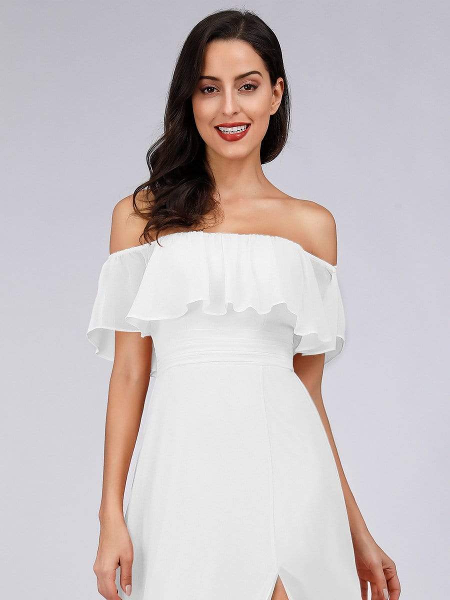 Color=White | Women'S A-Line Off Shoulder Ruffle Thigh Split Bridesmaid Dress-White 5