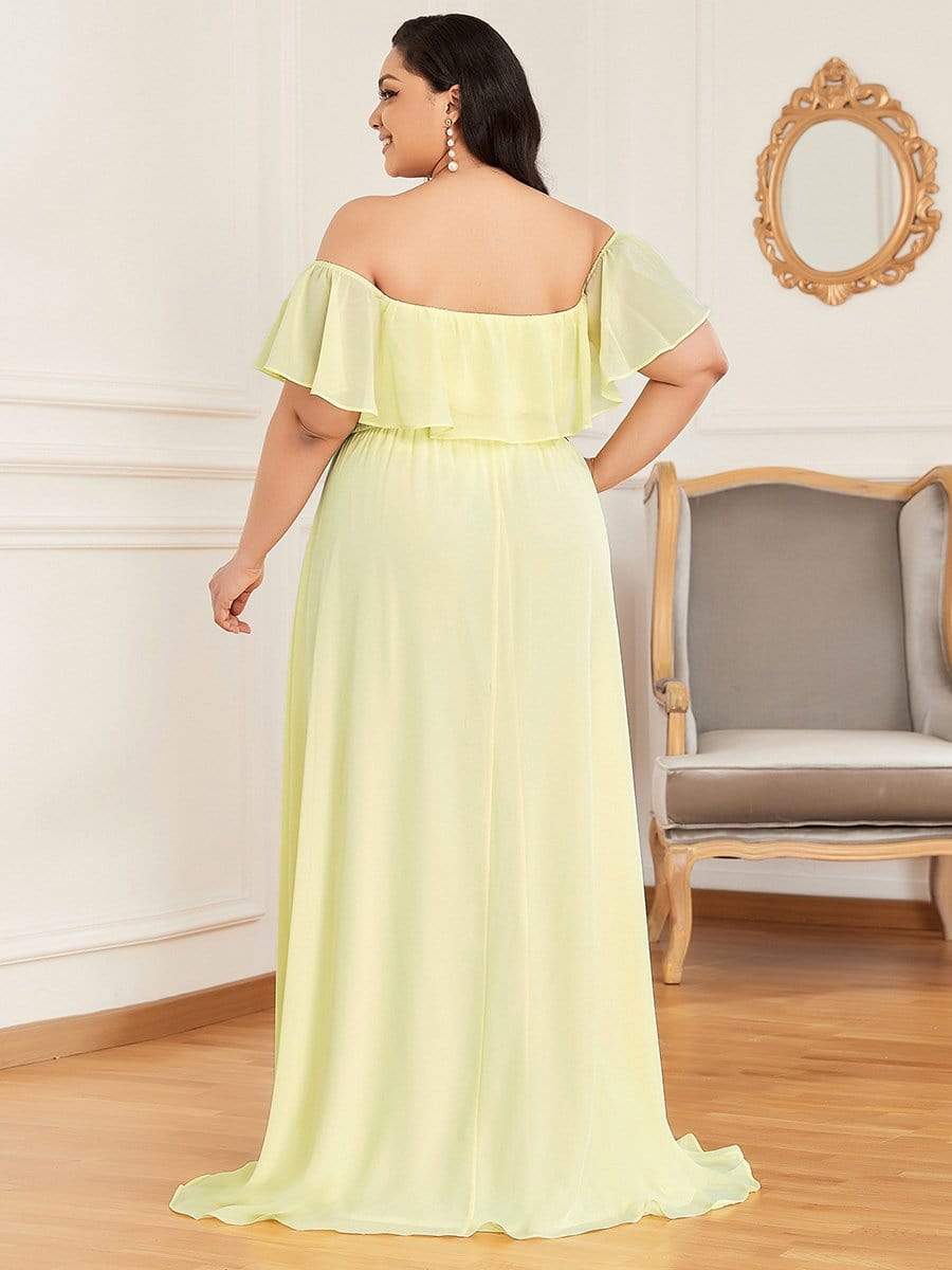 Color=Yellow | Women's A-Line Off Shoulder Ruffle Thigh Split Bridesmaid Dresses-Yellow 2
