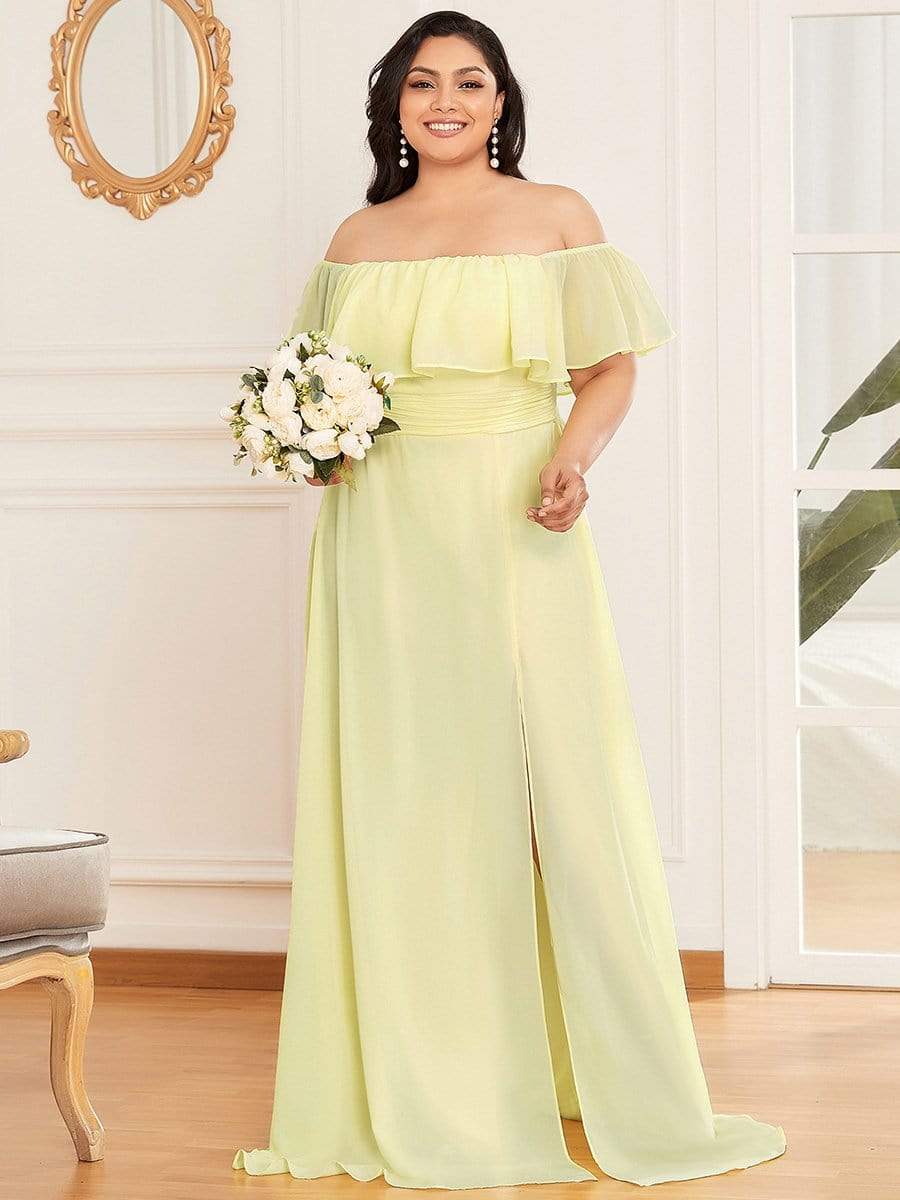 Color=Yellow | Women's A-Line Off Shoulder Ruffle Thigh Split Bridesmaid Dresses-Yellow 5