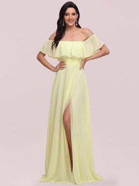 Color=Yellow | Women's A-Line Off Shoulder Ruffle Thigh Split Bridesmaid Dresses-Yellow 4