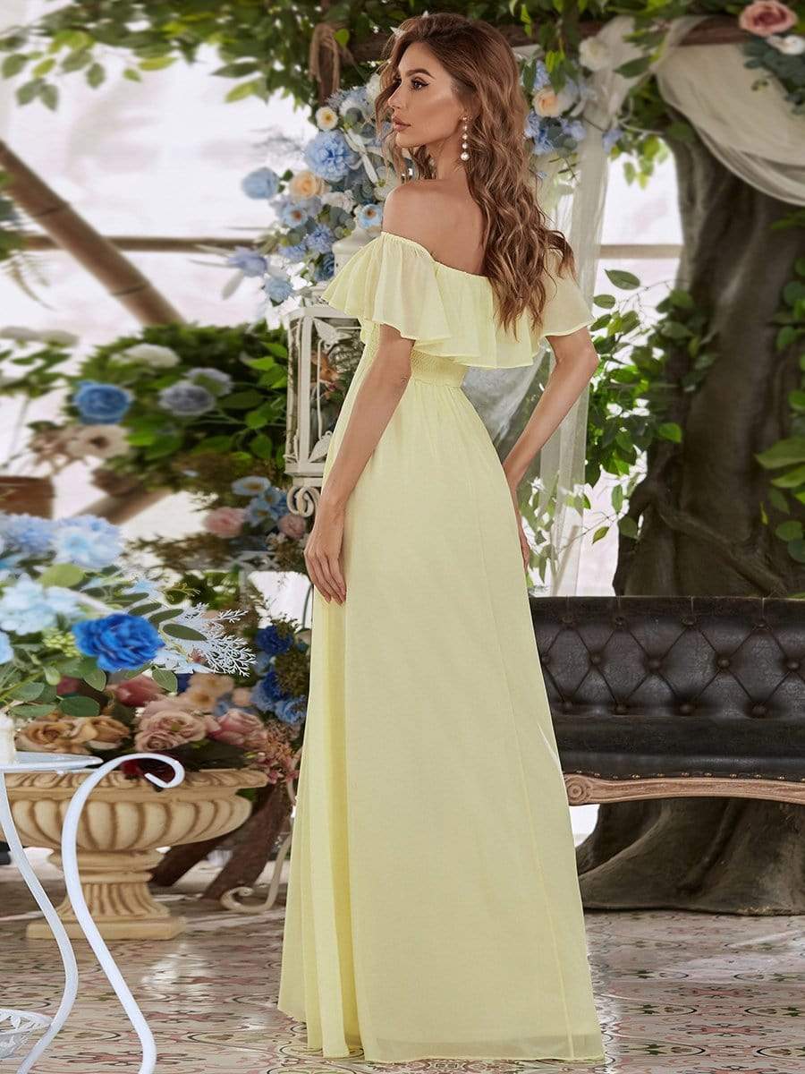 Color=Yellow | Women's A-Line Off Shoulder Ruffle Thigh Split Bridesmaid Dresses-Yellow 2