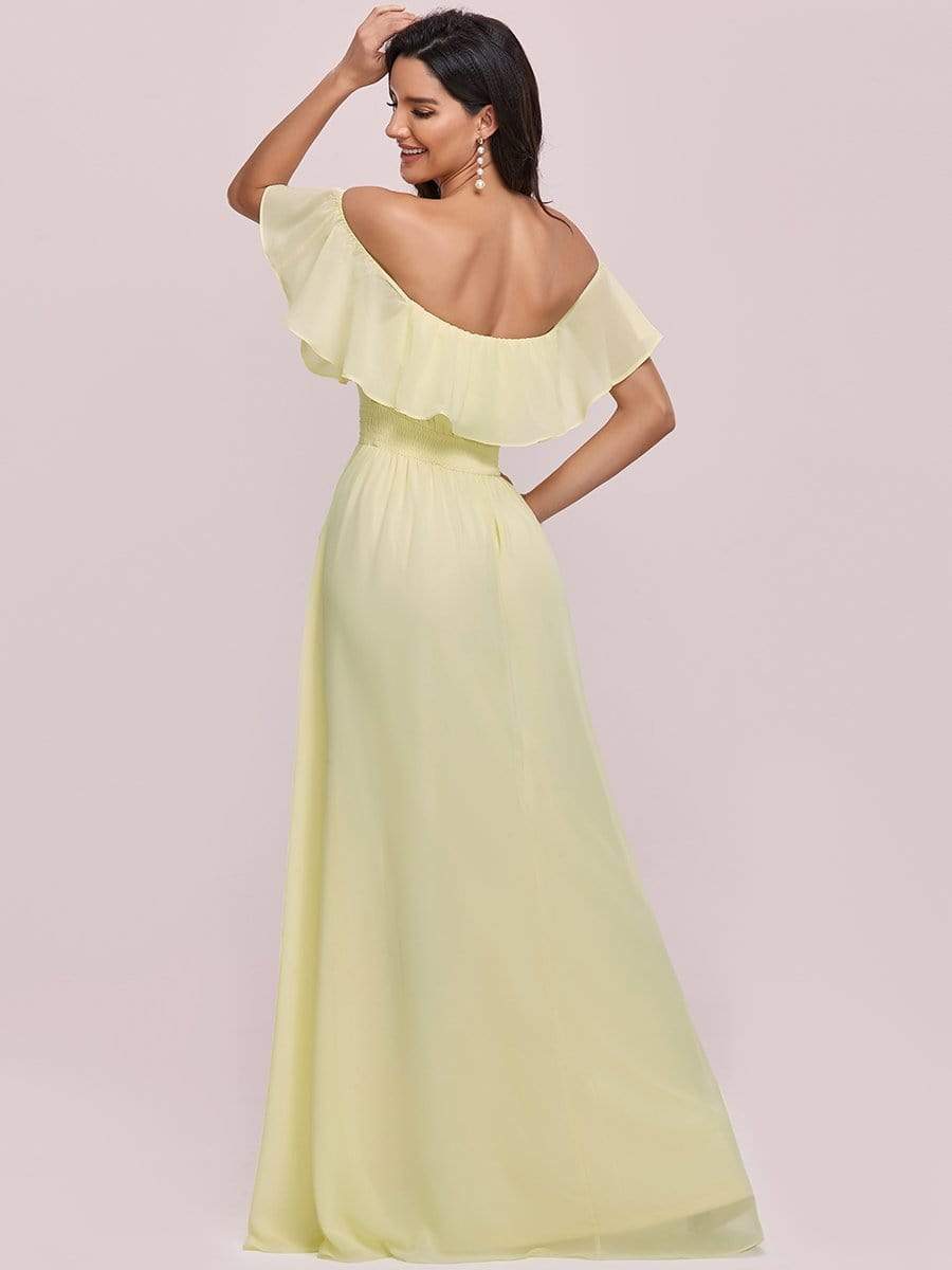 Color=Yellow | Women's A-Line Off Shoulder Ruffle Thigh Split Bridesmaid Dresses-Yellow 5