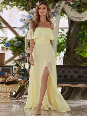 Color=Yellow | Women's A-Line Off Shoulder Ruffle Thigh Split Bridesmaid Dresses-Yellow 1