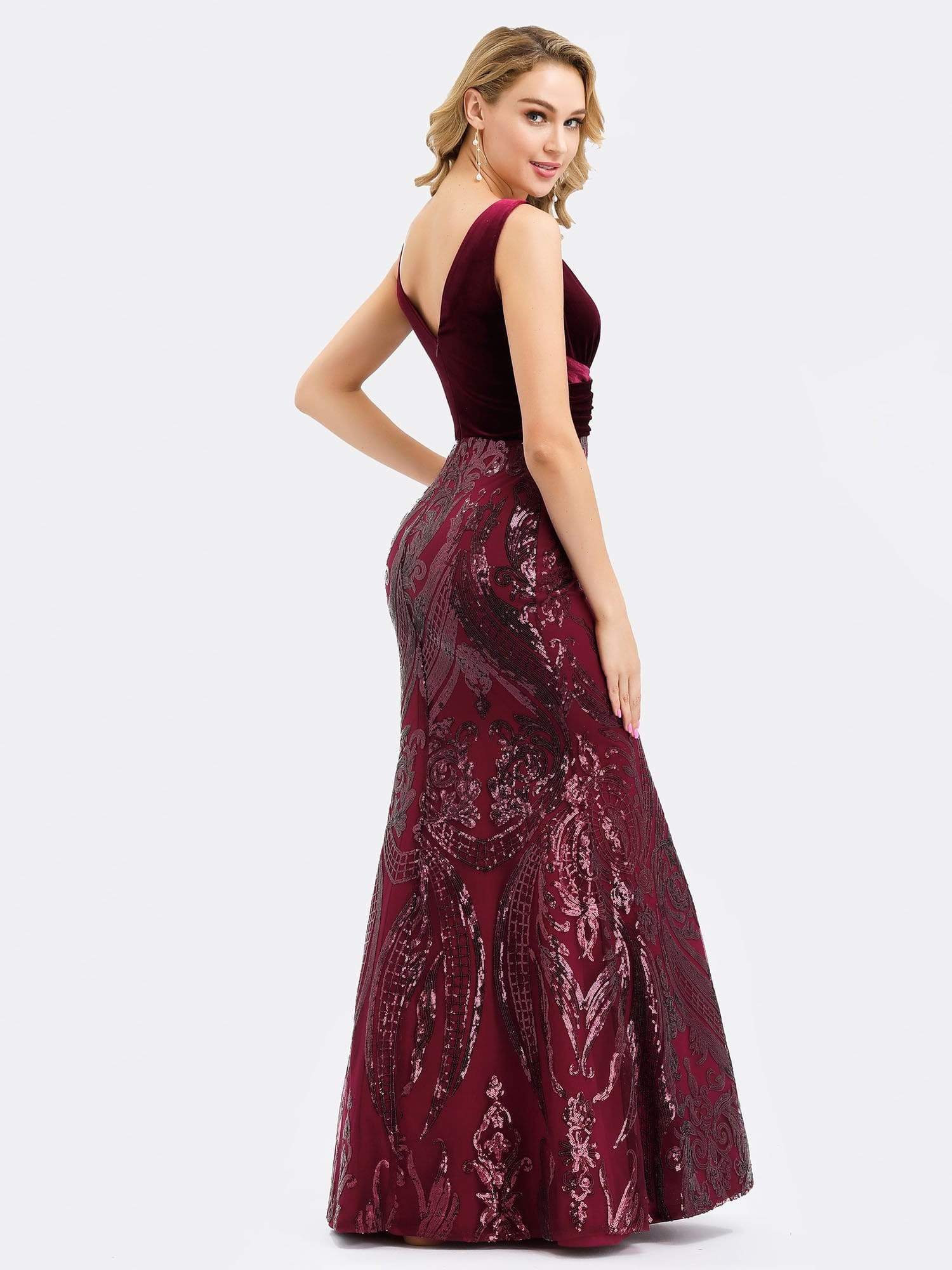 Color=Burgundy | Women'S Double V-Neck Patchwork Bodycon Mermaid Dress-Burgundy 8