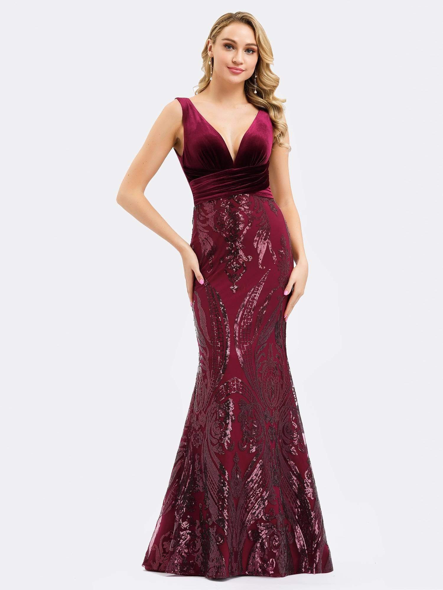 Color=Burgundy | Women'S Double V-Neck Patchwork Bodycon Mermaid Dress-Burgundy 5