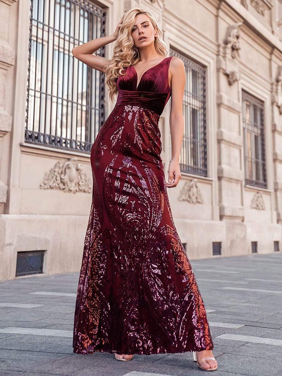 Color=Burgundy | Women'S Double V-Neck Patchwork Bodycon Mermaid Dress-Burgundy 1