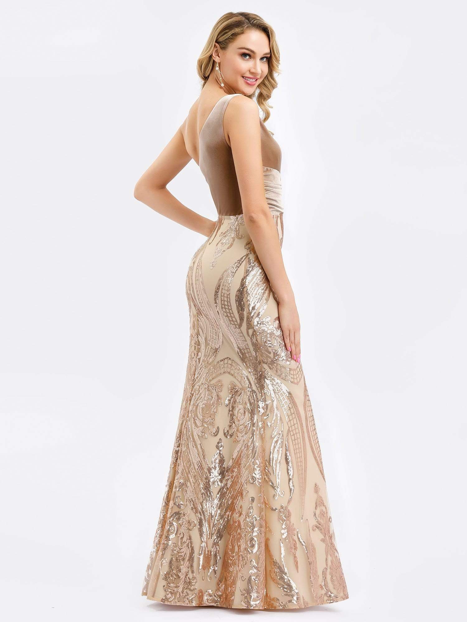 Color=Rose Gold | Women'S One Shoulder Velvet Patchwork Mermaid Maxi Dress-Rose Gold 8