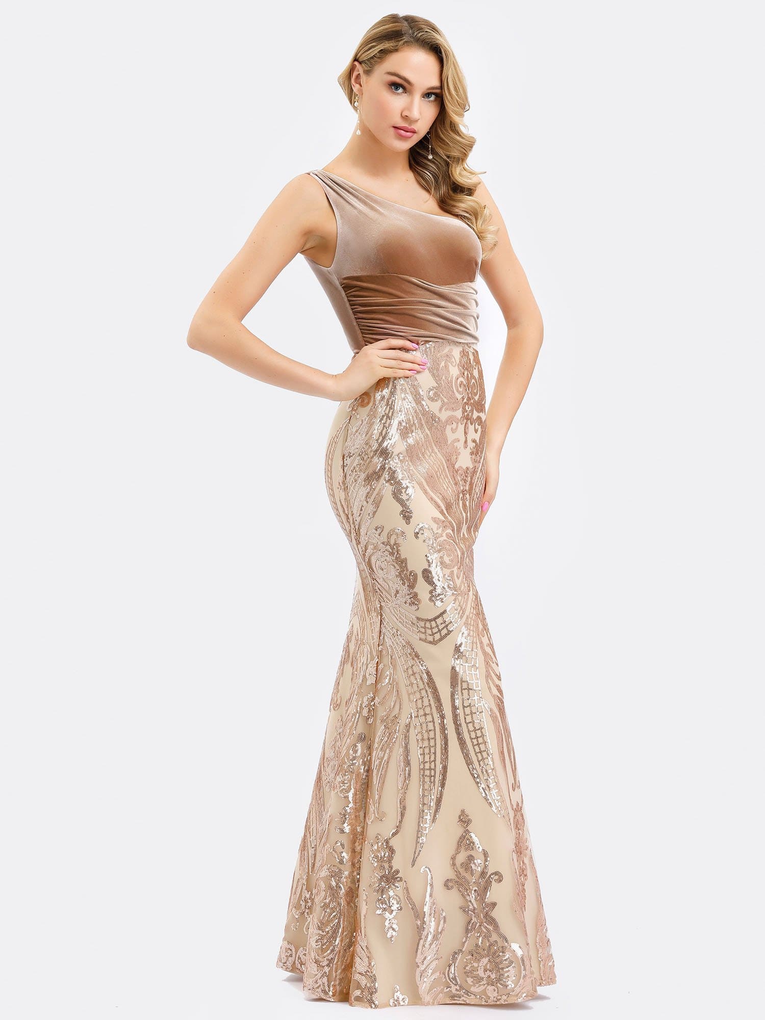 Color=Rose Gold | Women'S One Shoulder Velvet Patchwork Mermaid Maxi Dress-Rose Gold 4