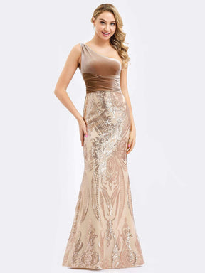 Color=Rose Gold | Women'S One Shoulder Velvet Patchwork Mermaid Maxi Dress-Rose Gold 5