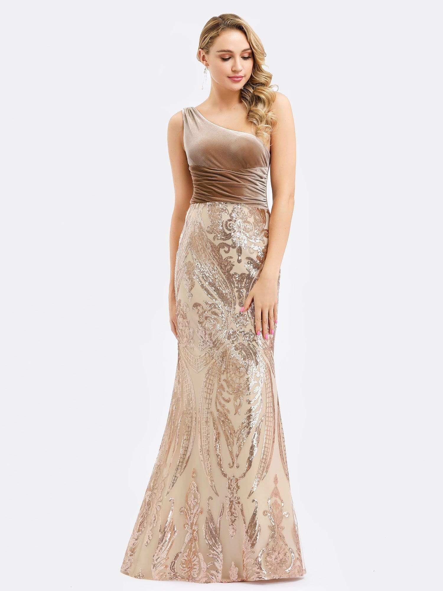 Color=Rose Gold | Women'S One Shoulder Velvet Patchwork Mermaid Maxi Dress-Rose Gold 7