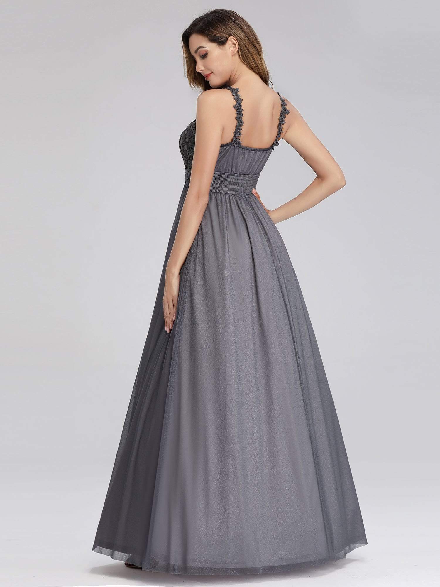 Color=Grey | Women'S V-Neck Sleeveless Floral Lace Bridesmaid Dress-Grey 2