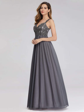 Color=Grey | Women'S V-Neck Sleeveless Floral Lace Bridesmaid Dress-Grey 3