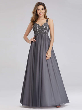 Color=Grey | Women'S V-Neck Sleeveless Floral Lace Bridesmaid Dress-Grey 4