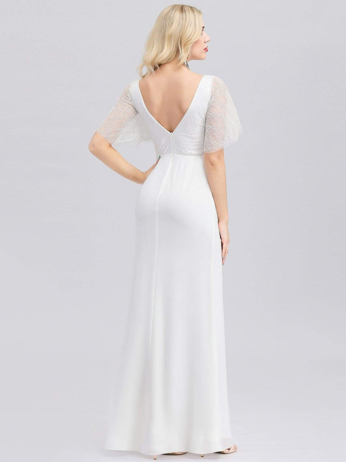 Color=White | V-Neck Wedding Dress With Sleeves And Thigh High Split-White 2