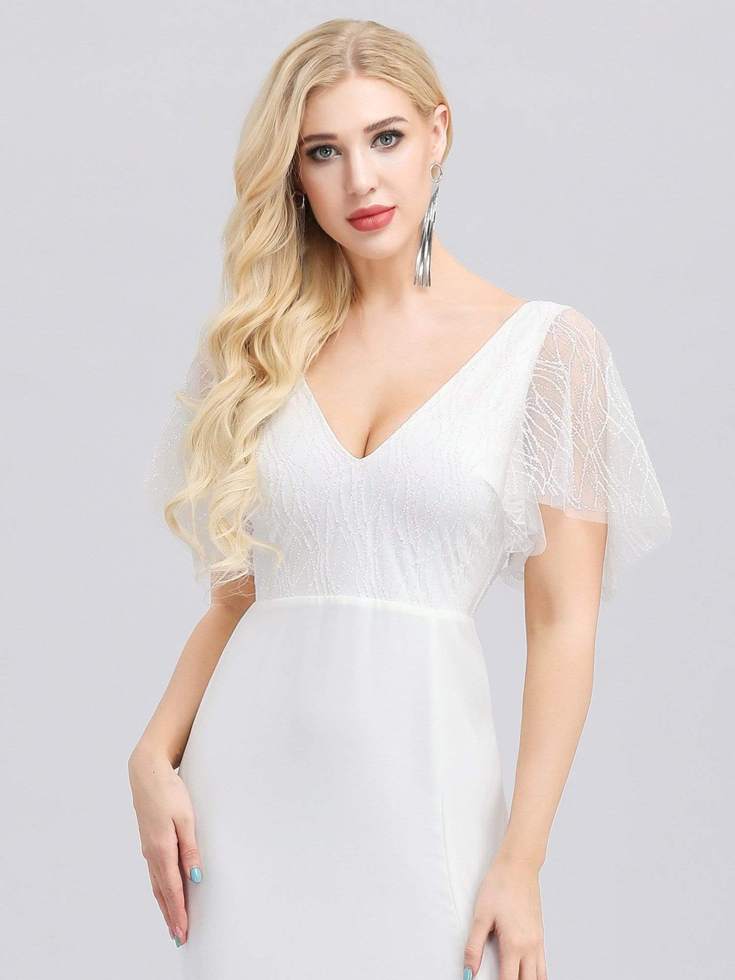 Color=White | V-Neck Wedding Dress With Sleeves And Thigh High Split-White 5