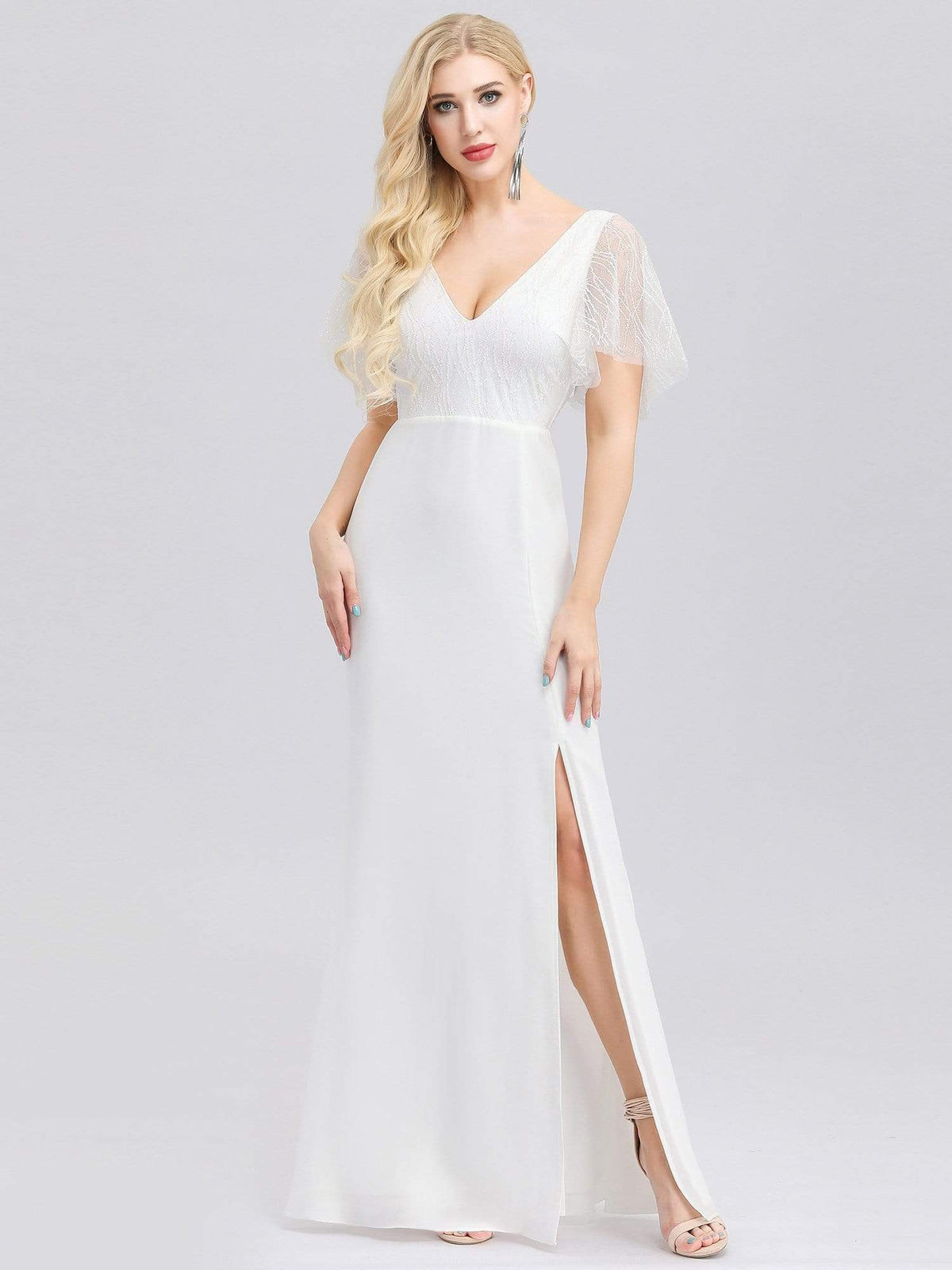 Color=White | V-Neck Wedding Dress With Sleeves And Thigh High Split-White 1