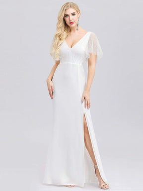 Color=White | V-Neck Wedding Dress With Sleeves And Thigh High Split-White 1