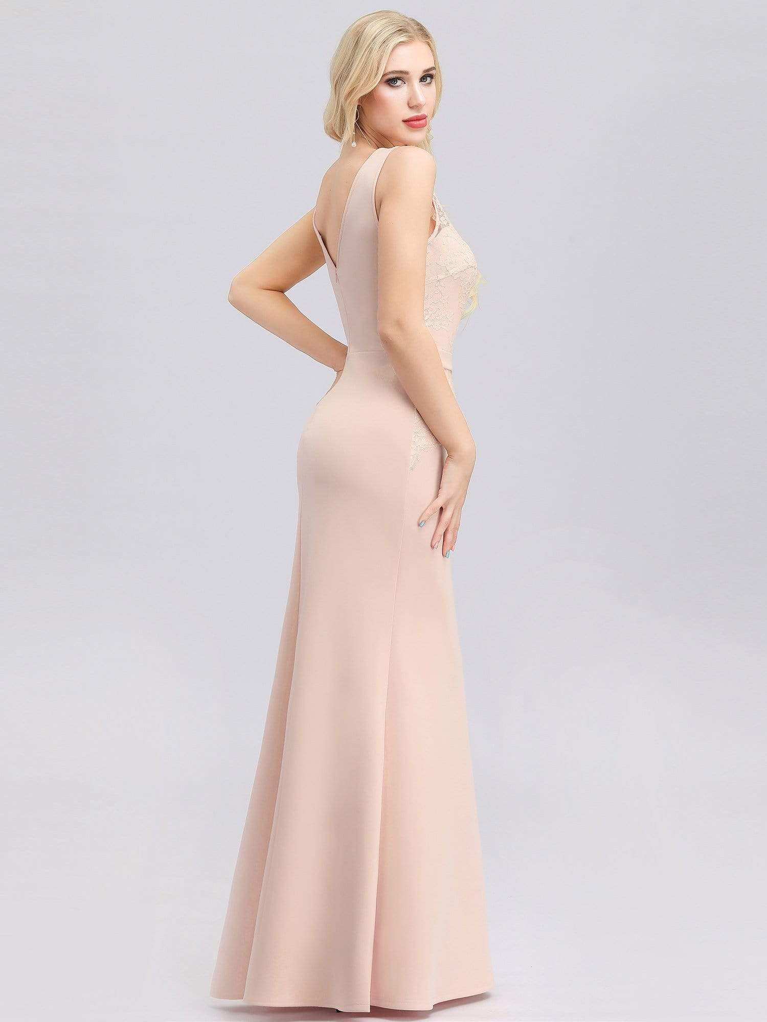 Color=Pink | V-Neck Floral Lace Fishtail Evening Dress-Pink 2