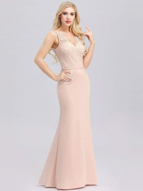 Color=Pink | V-Neck Floral Lace Fishtail Evening Dress-Pink 3