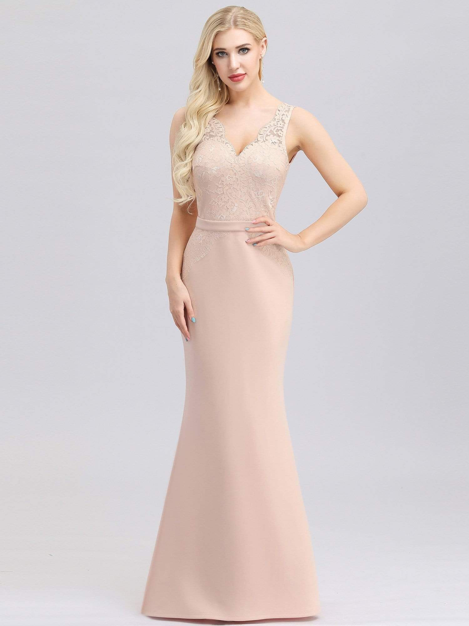 Color=Pink | V-Neck Floral Lace Fishtail Evening Dress-Pink 1