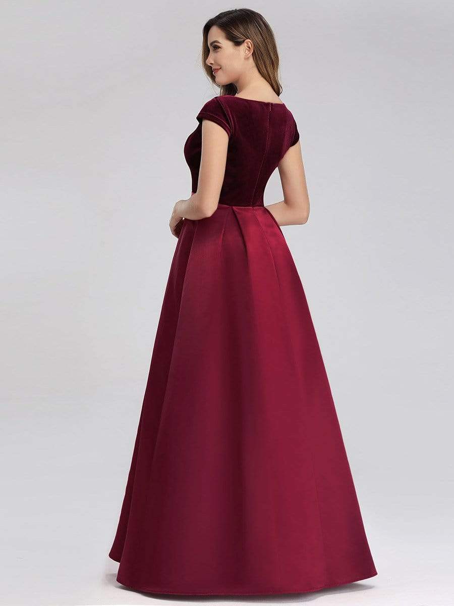Color=Burgundy | Women'S A-Line V-Neck Velvet Patchwork Evening Party Maxi Dress-Burgundy 4