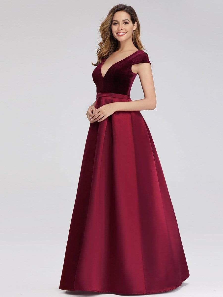 Color=Burgundy | Women'S A-Line V-Neck Velvet Patchwork Evening Party Maxi Dress-Burgundy 5