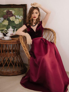 Color=Burgundy | Women'S A-Line V-Neck Velvet Patchwork Evening Party Maxi Dress-Burgundy 1