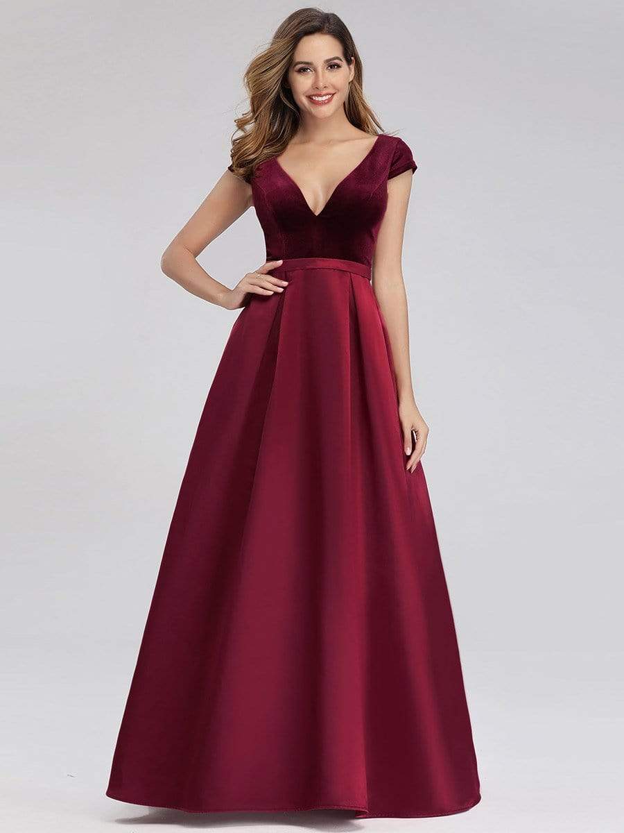 Color=Burgundy | Women'S A-Line V-Neck Velvet Patchwork Evening Party Maxi Dress-Burgundy 3