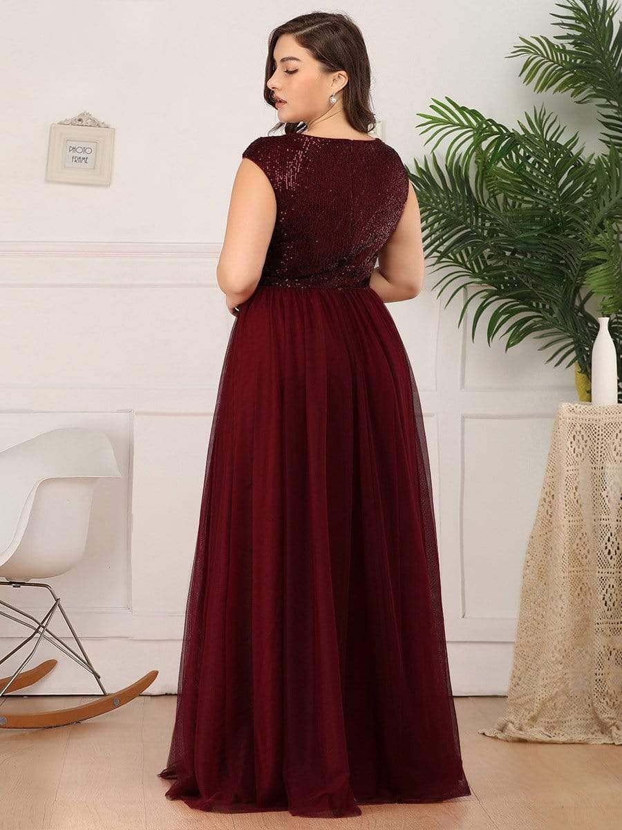 Color=Burgundy | Deep V Neck Floor Length Sequin Cocktail Dress-Burgundy 9