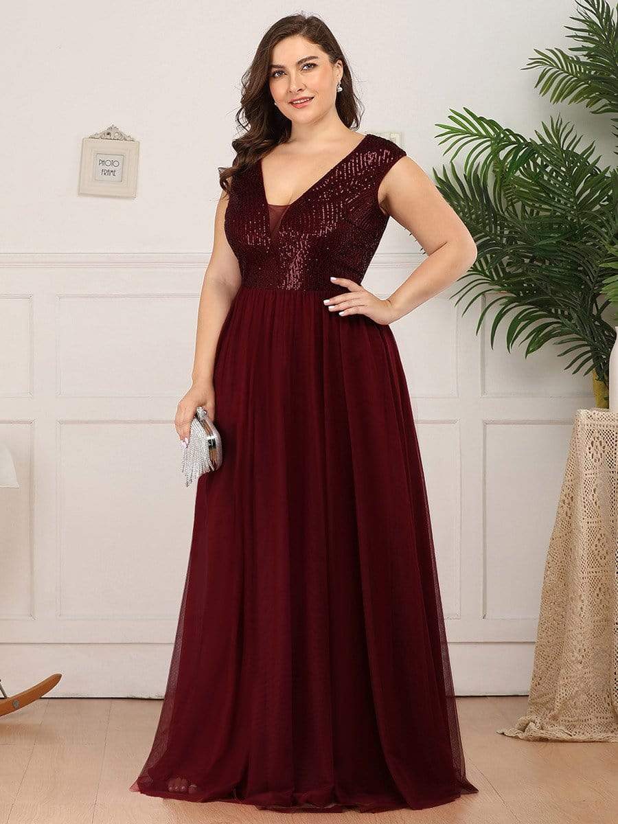 Color=Burgundy | Plus Size Deep V Neck Floor Length Sequin Cocktail Dress-Burgundy 3