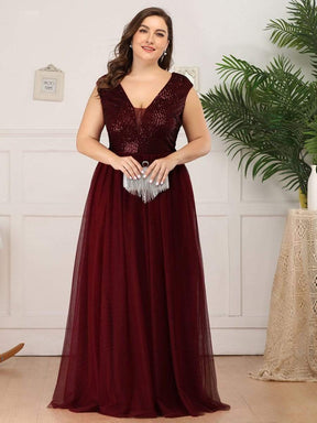 Color=Burgundy | Plus Size Deep V Neck Floor Length Sequin Cocktail Dress-Burgundy 4