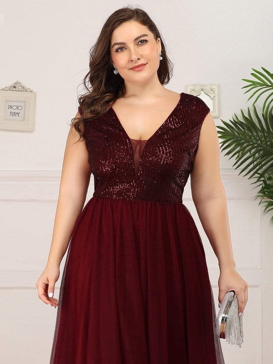 Color=Burgundy | Plus Size Deep V Neck Floor Length Sequin Cocktail Dress-Burgundy 5