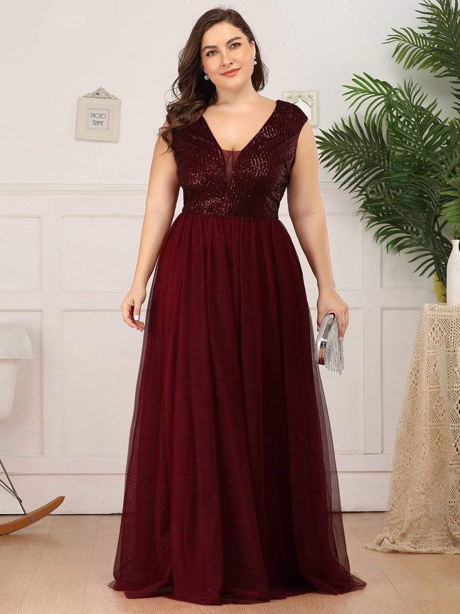 Color=Burgundy | Deep V Neck Floor Length Sequin Cocktail Dress-Burgundy 8