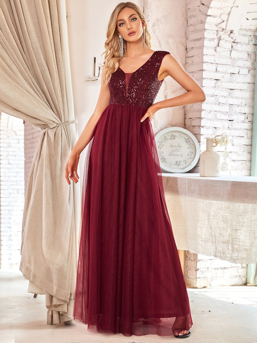 Color=Burgundy | Deep V Neck Floor Length Sequin Cocktail Dress-Burgundy 1