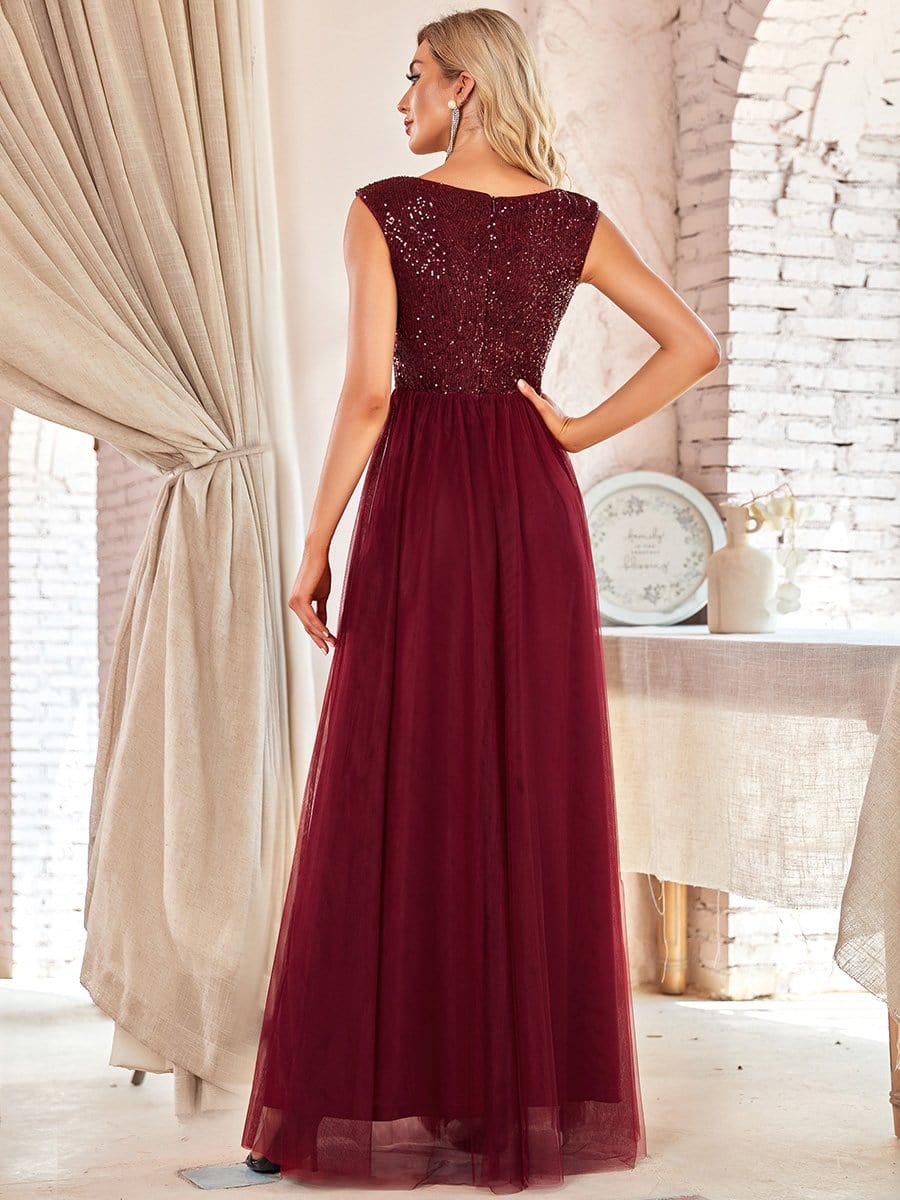 Color=Burgundy | Deep V Neck Floor Length Sequin Cocktail Dress-Burgundy 2