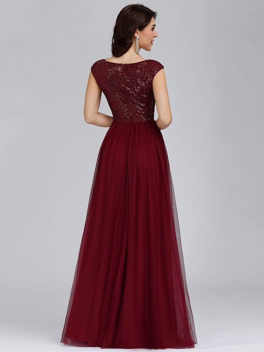 Color=Burgundy | Deep V Neck Floor Length Sequin Cocktail Dress-Burgundy 4