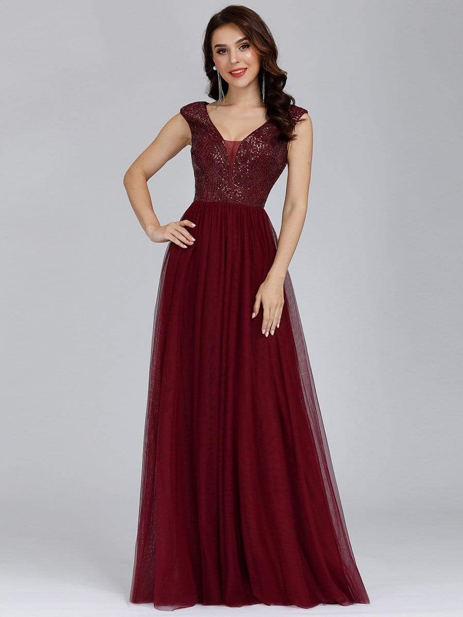 Color=Burgundy | Deep V Neck Floor Length Sequin Cocktail Dress-Burgundy 5