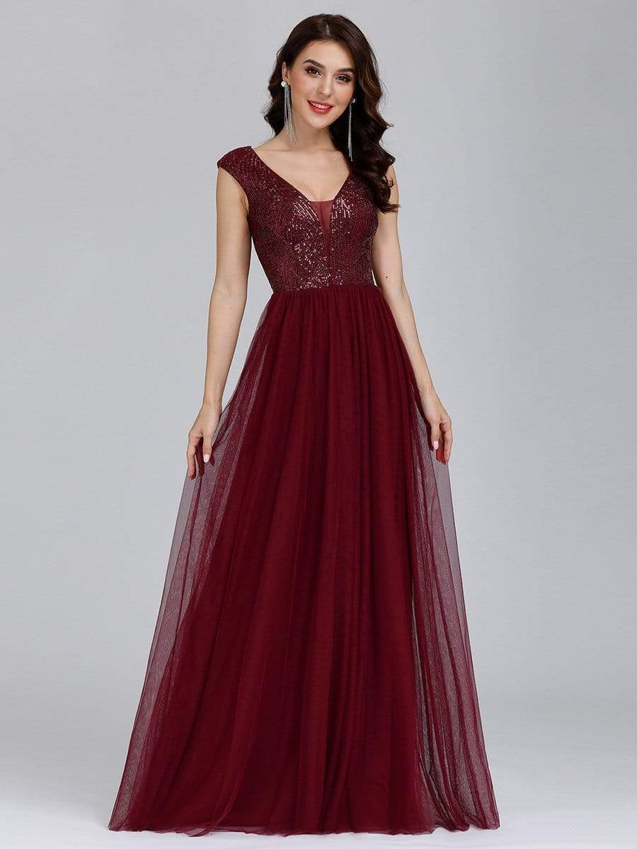 Color=Burgundy | Deep V Neck Floor Length Sequin Cocktail Dress-Burgundy 6