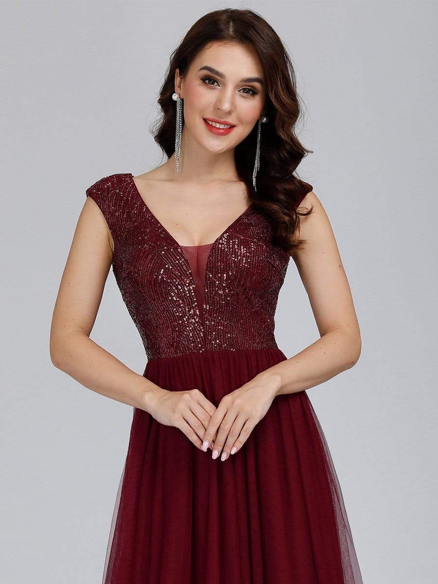 Color=Burgundy | Deep V Neck Floor Length Sequin Cocktail Dress-Burgundy 7